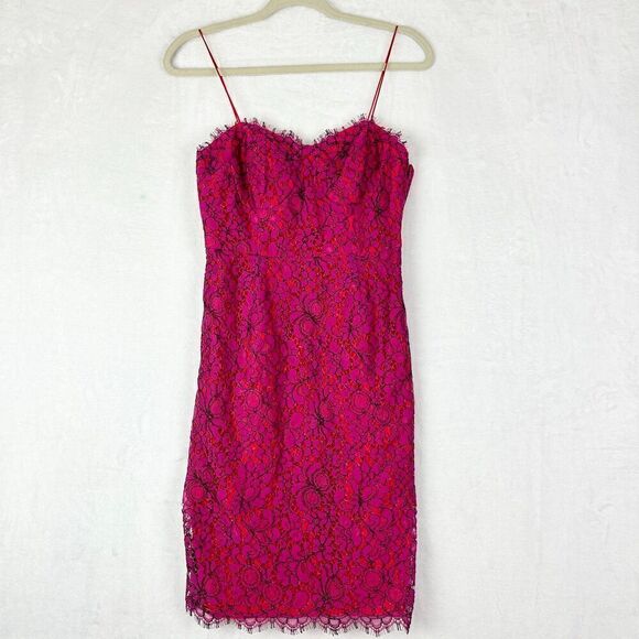 Likely Dresses & Skirts - Likely Lace Crochet Overlay Mini Dress Size 4 Pink Red Spaghetti Strap Cocktail